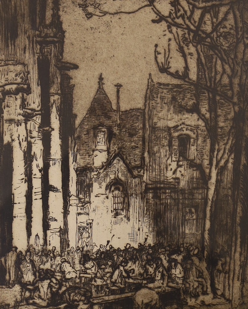 Sir Frank Brangwyn (1867-1956), etching, Flemish street scene with numerous revellers, 27 x 22cm and an etching by H.Bernard Robinson of Newark, 27 x 17cm